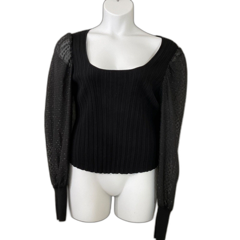 By Anthropologie sweater Top ribbed Sheer sleeves Square Neck women’s XL Black